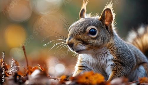  a close up of a squirrel sitting on top of a pile of leaves with a blurry background of leaves. © Jevjenijs