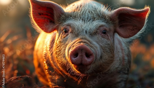  a close up of a pig in a field of grass with the sun shining on the pig's face.