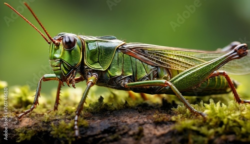  a close up of a grasshopper insect on a piece of wood with moss growing on it's surface.