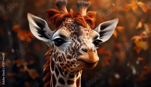  a close up of a giraffe's face in front of a tree with leaves in the background.