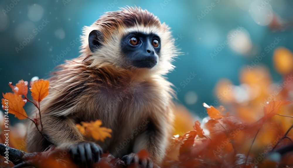 a close up of a monkey on a branch with leaves in the foreground and a blue sky in the background. a close up of a monkey on a branch with leaves in the foreground and a blue sky in the background.