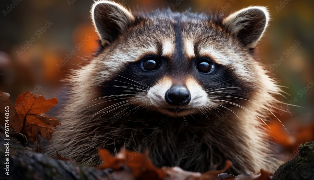  a close up of a raccoon with leaves in the foreground and a tree trunk in the background.