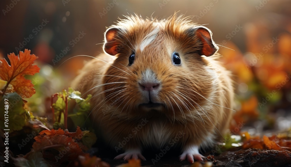 a close up of a brown and white hamster in a field of orange and yellow leaves with a blurry background. a close up of a brown and white hamster in a field of orange and yellow leaves with a blurry background.