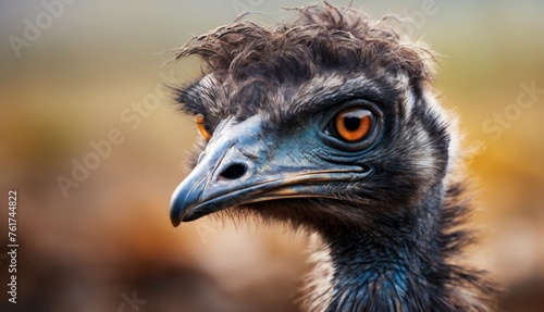  a close - up of an ostrich's head with an orange - eyed bird in the background.
