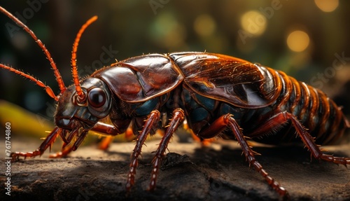  a close up of a cockroach on a piece of wood with a blurry background in the background.