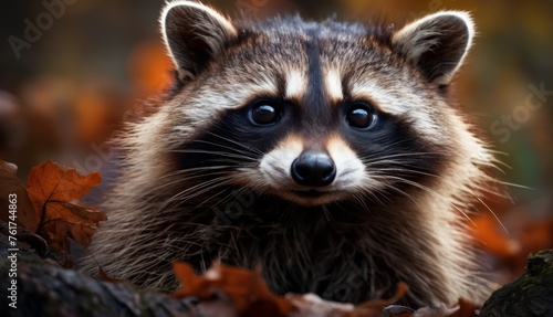  a close up of a raccoon with leaves in the foreground and a tree trunk in the background. © Jevjenijs