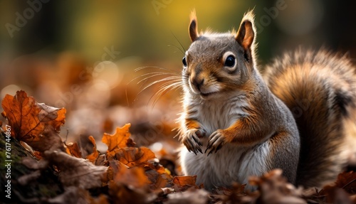  a squirrel standing on its hind legs with its front paws on it's hind legs in a pile of leaves.