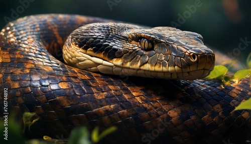  a close up of a snake's head on top of a branch with leaves on the other side of it.