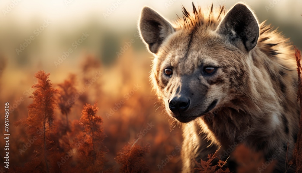 a close up of a hyena in a field of tall grass with a blurry sky in the background. a close up of a hyena in a field of tall grass with a blurry sky in the background.