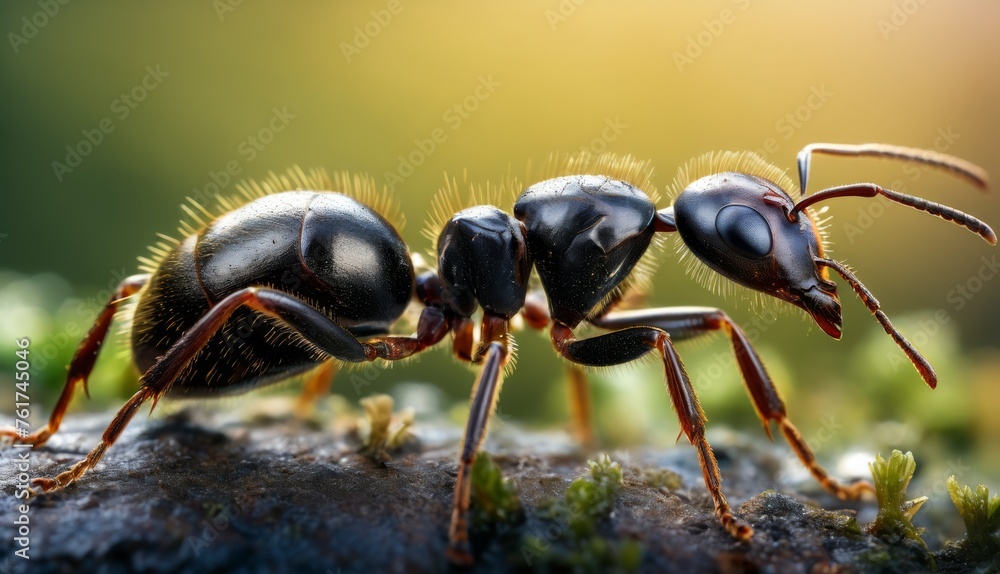 a close up of a black ant ant standing on top of a piece of wood with grass growing on top of it. a close up of a black ant ant standing on top of a piece of wood with grass growing on top of it.