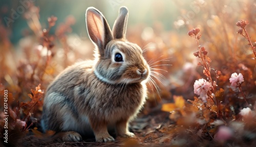  a small rabbit sitting in the middle of a field of grass and flowers with the sun shining on it's face.