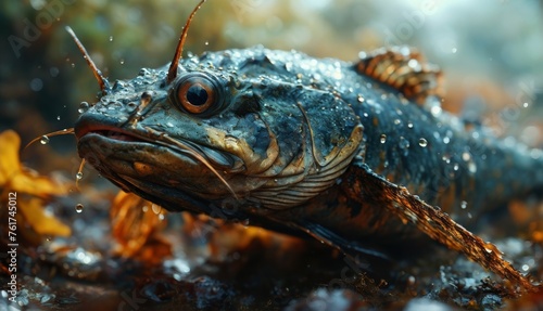  a close up of a fish with a lot of water on it s face and a lot of leaves on the ground.