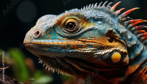  a close up of a lizard s head with orange  blue  and yellow spikes on it s head.