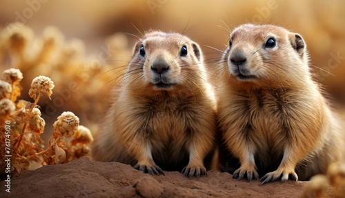  two prairie groundhogs standing next to each other on top of a pile of dirt next to a plant.