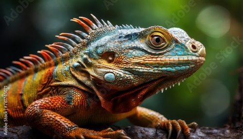  a close up of an iguana on a branch with blurry trees in the background on a sunny day.