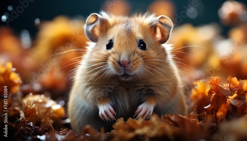  a close up of a small rodent in a field of leaves with water droplets on it s face.