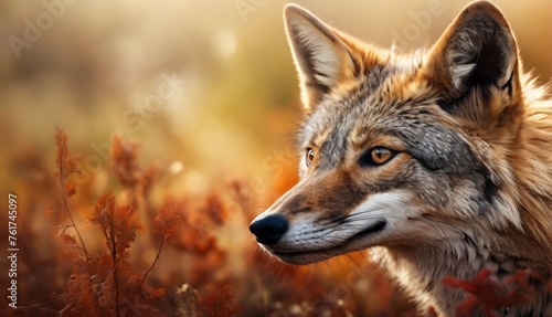  a close - up of a wolf s face in a field of tall grass and red flowers with a blurry background.