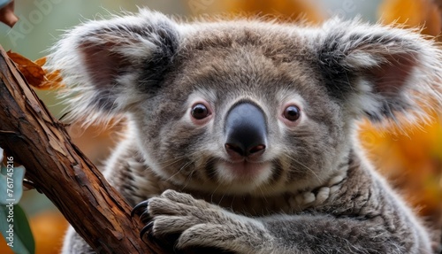  a close up of a koala on a tree branch with leaves in the foreground and a blurry background.