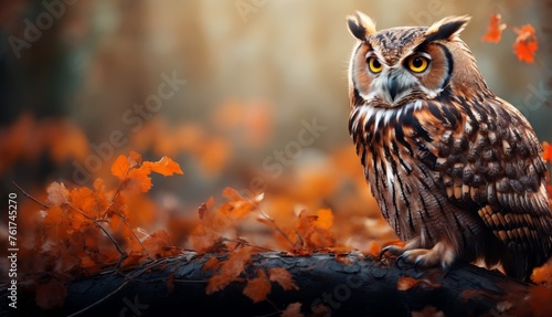  an owl sitting on top of a tree branch in front of a forest filled with trees and orange leaves in the fall. © Jevjenijs