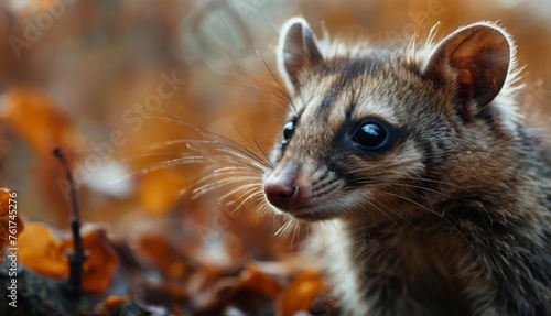  a close up of a small animal in a field of leaves with a blue - eyed animal in the foreground.