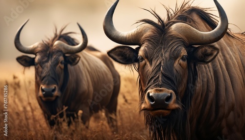  two bulls with large horns standing in a field of tall brown grass with long horns on their heads, looking at the camera.