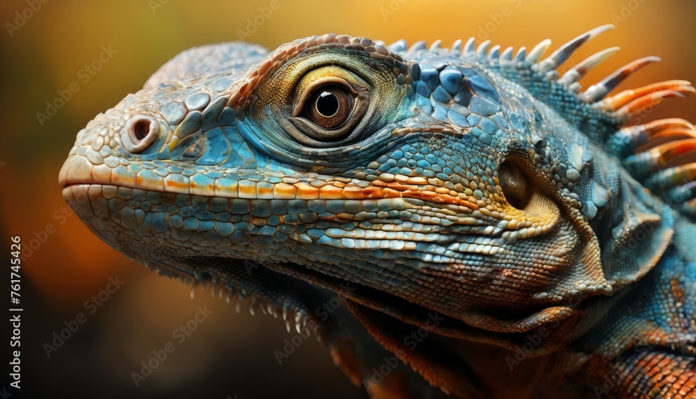  a close up of an iguana's head with a yellow and orange stripe on it's chest.