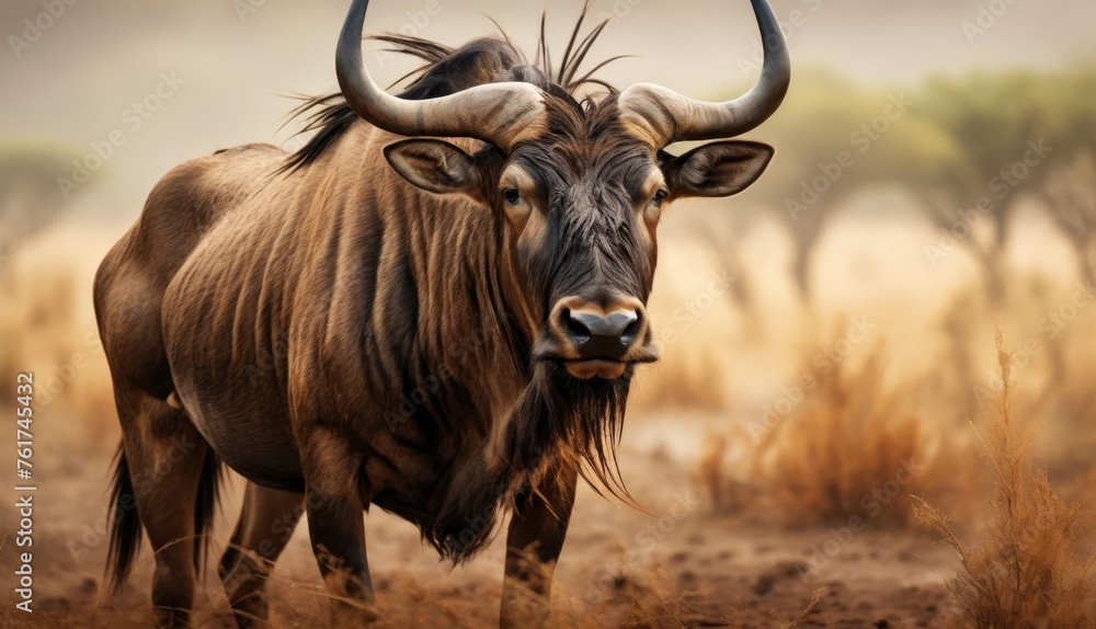  a close up of a bull with large horns in a field of dry grass with trees in the back ground.