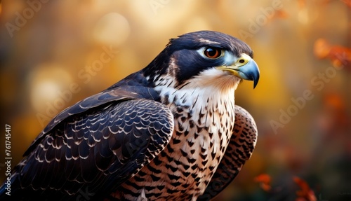  a close up of a bird of prey on a tree branch with a blurry background of leaves and branches.