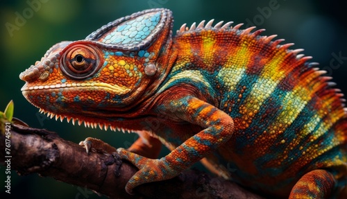  a close up of a colorful chamelon on a branch with a blurry backround in the background. © Jevjenijs