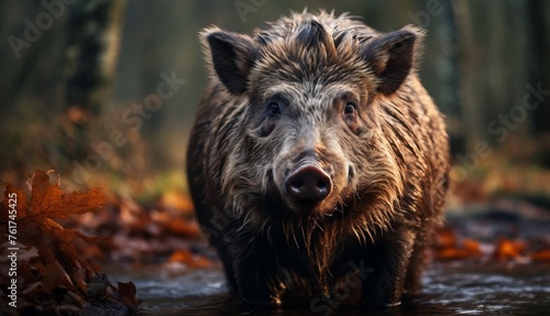  a close up of a wet boar in a body of water with leaves on the ground and trees in the background.