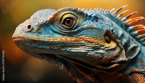  a close up of an iguana s head with a yellow and orange stripe on it s chest.