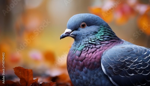  a close up of a bird with leaves in the foreground and a blurry background of leaves in the foreground.