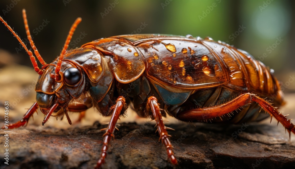 a close up of a cockroach on a piece of wood with water droplets on it's body. a close up of a cockroach on a piece of wood with water droplets on it's body.
