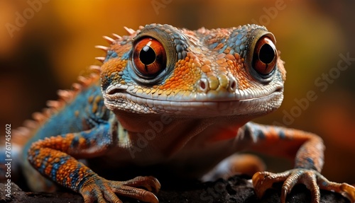  a close up of a lizard's face with orange and blue stripes on it's body and head.