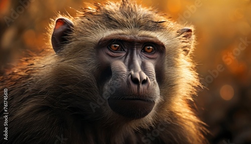 a close - up of a monkey's face in front of a blurry background of trees and bushes.