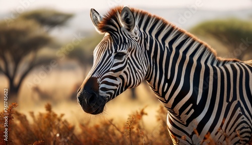  a close up of a zebra in a field of tall grass with trees in the background and a sky in the background.