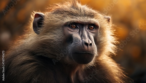  a close - up of a monkey's face with a blurry background of trees in the foreground. © Jevjenijs