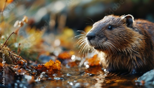  a close up of a small animal in a body of water with leaves on the ground and grass in the background. © Jevjenijs