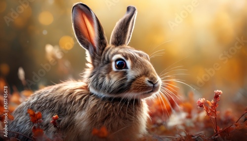  a close up of a rabbit in a field of grass and flowers with a bright light in the back ground.