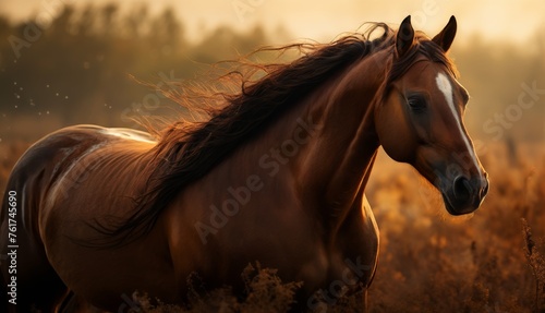 a brown horse standing in a field of tall grass with the sun shining on it's back and it's hair blowing in the wind.