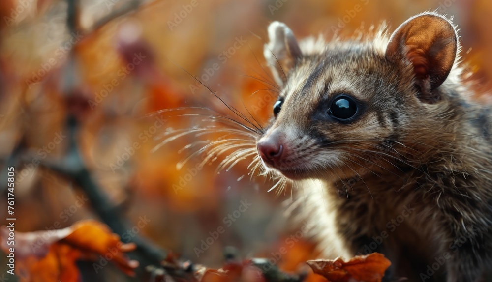 a close up of a small animal on a branch with leaves in the foreground and a blurry background. a close up of a small animal on a branch with leaves in the foreground and a blurry background.