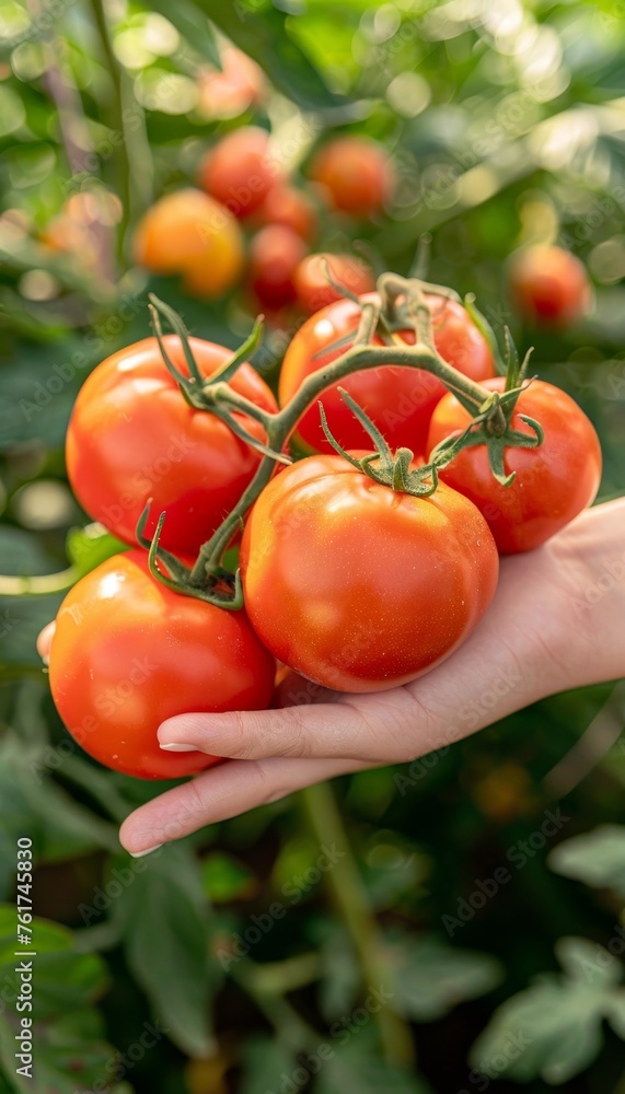 Close up of hand holding ripe tomato with blurred background, leaving ample space for text placement