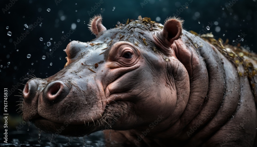 a close up of a hippopotamus in a body of water with drops of water on its face. a close up of a hippopotamus in a body of water with drops of water on its face.