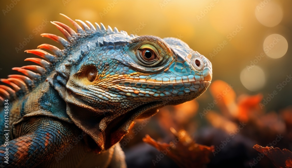  a close up of an iguana in a field of leaves with a bright light shining in the background.
