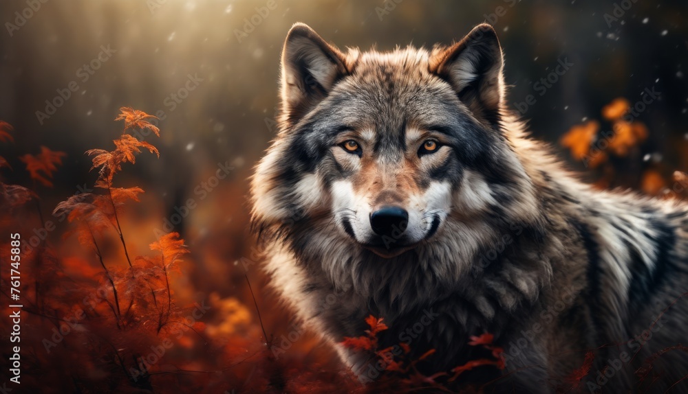 a wolf standing in the middle of a field with red flowers in the foreground and a sunbeam in the background. a wolf standing in the middle of a field with red flowers in the foreground and a sunbeam in the background.