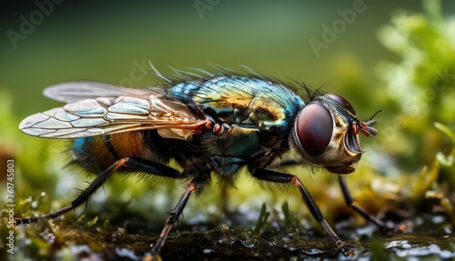  a close up of a fly sitting on a patch of grass with drops of water on it's wings. © Jevjenijs
