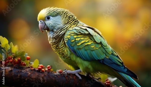  a green and yellow bird sitting on a branch of a tree with berries on it's side and a blurry background.