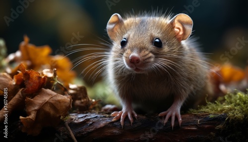  a close up of a small rodent on a log in a field of grass and leaves with a blurry background.