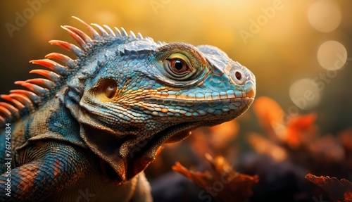  a close up of an iguana in a field of leaves with a bright light shining in the background.