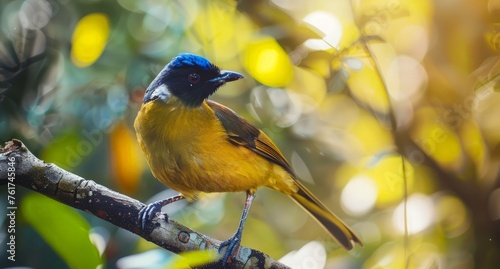 A small yellow and blue bird perched on a tree branch in a natural setting.